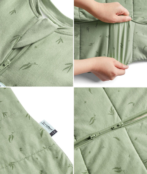 Collage of a green baby carrier with bamboo leaf pattern, showing details like zipper and fabric texture.