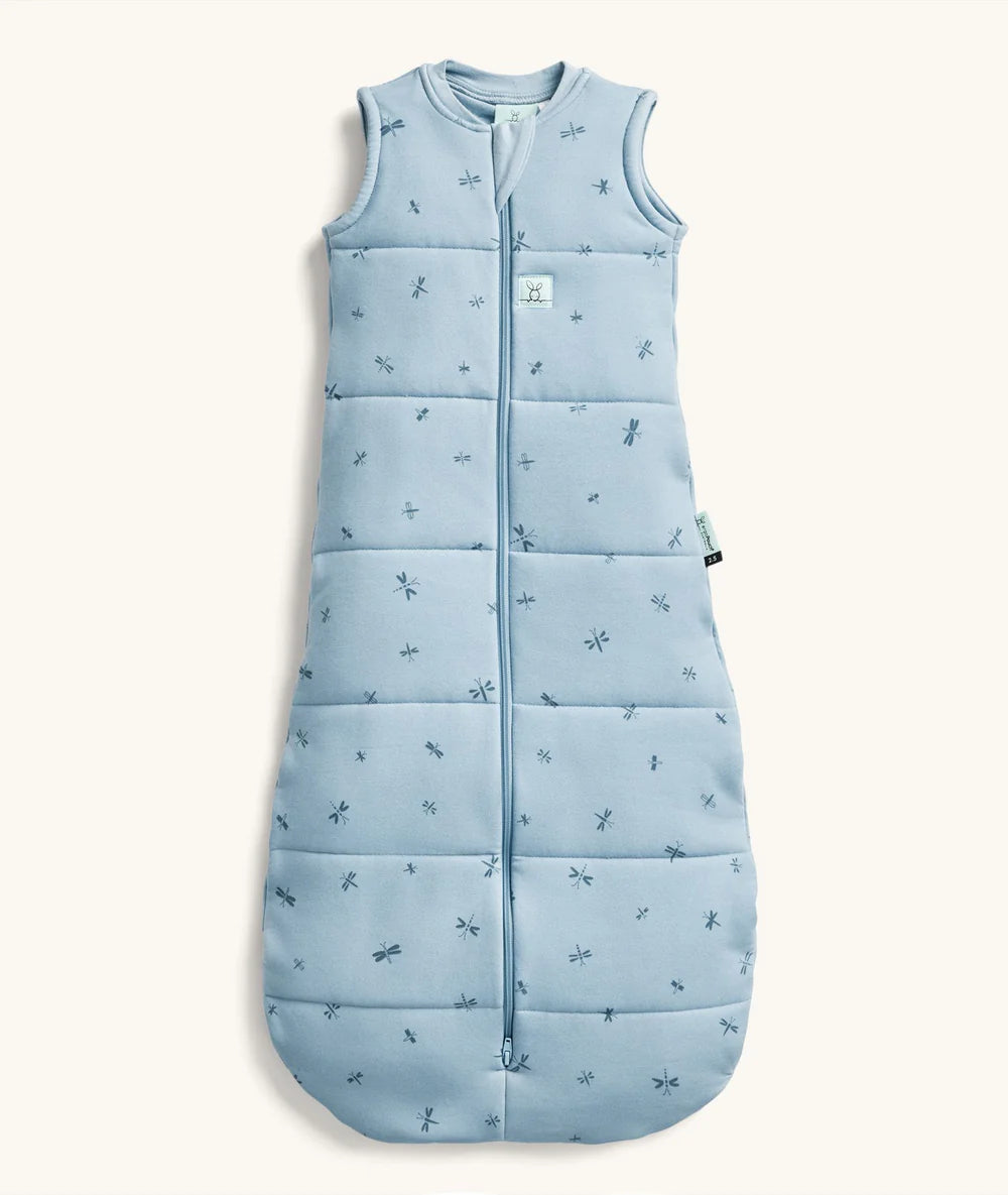 Light blue baby sleeping bag with subtle pattern on a white background