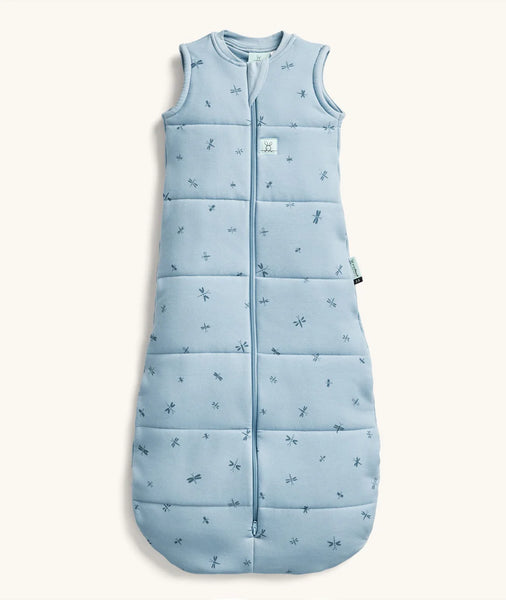 Light blue baby sleeping bag with subtle pattern on a white background