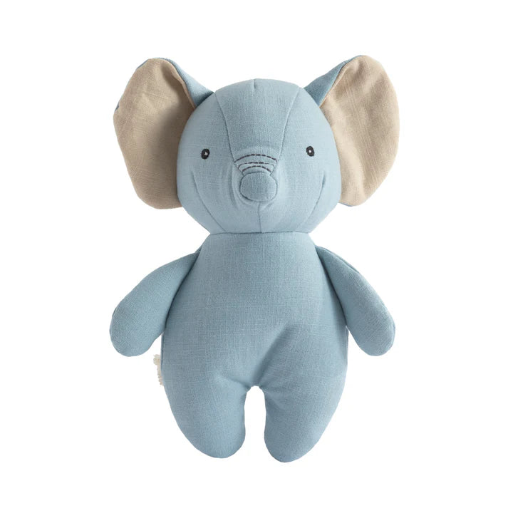 Blue elephant plush toy with beige ears on a white background