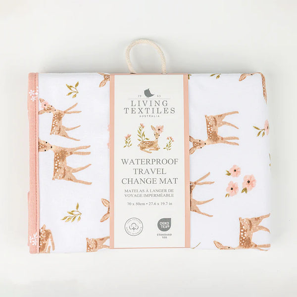 Living Textiles waterproof travel change mat with deer and floral design on packaging