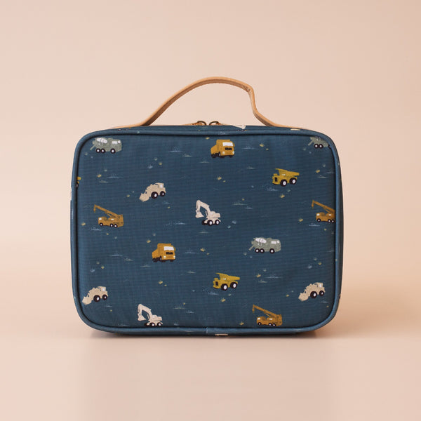 Blue rectangular pouch with construction vehicle pattern on a beige background