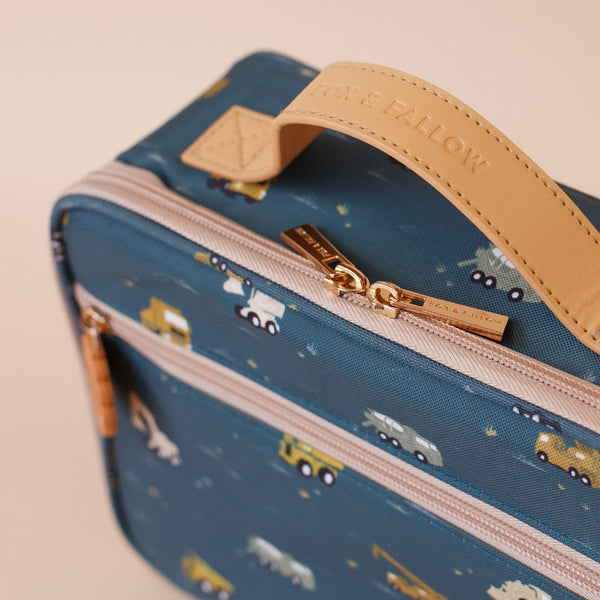 Blue lunch bag with vehicle pattern and tan handle, featuring the brand 'Lily & Hollow'.