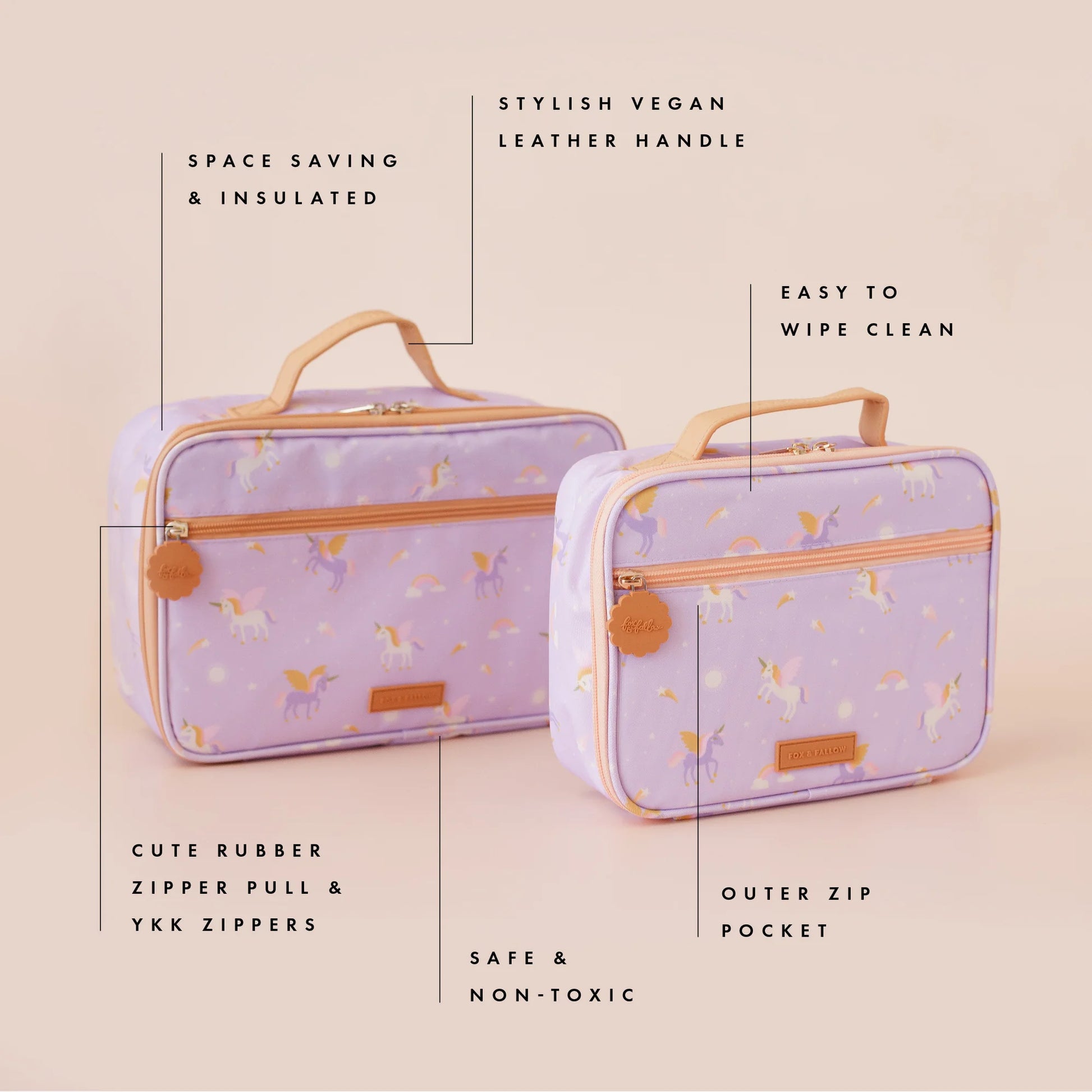 Two purple lunch bags with unicorn pattern on a beige background, featuring text about product features.