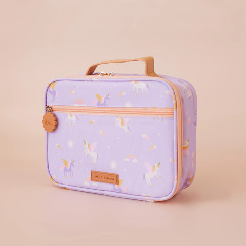 Lavender lunch bag with unicorn pattern on a beige background