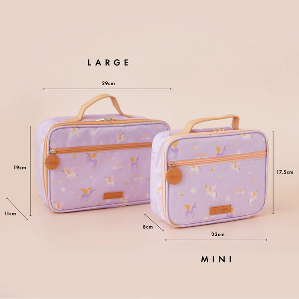 Two purple lunch bags with unicorn pattern and measurements on a beige background