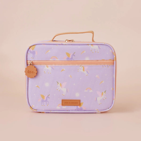 Lavender lunch bag with unicorn pattern on a beige background
