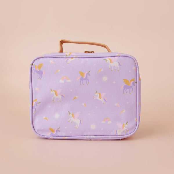 Lavender lunch bag with unicorn pattern on a beige background