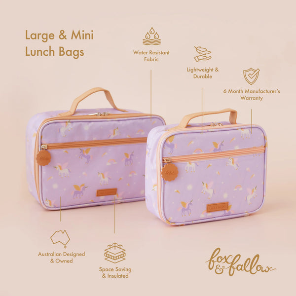 Two purple lunch bags with unicorn pattern on a beige background, featuring text about product features and brand name 'fox & follow'.