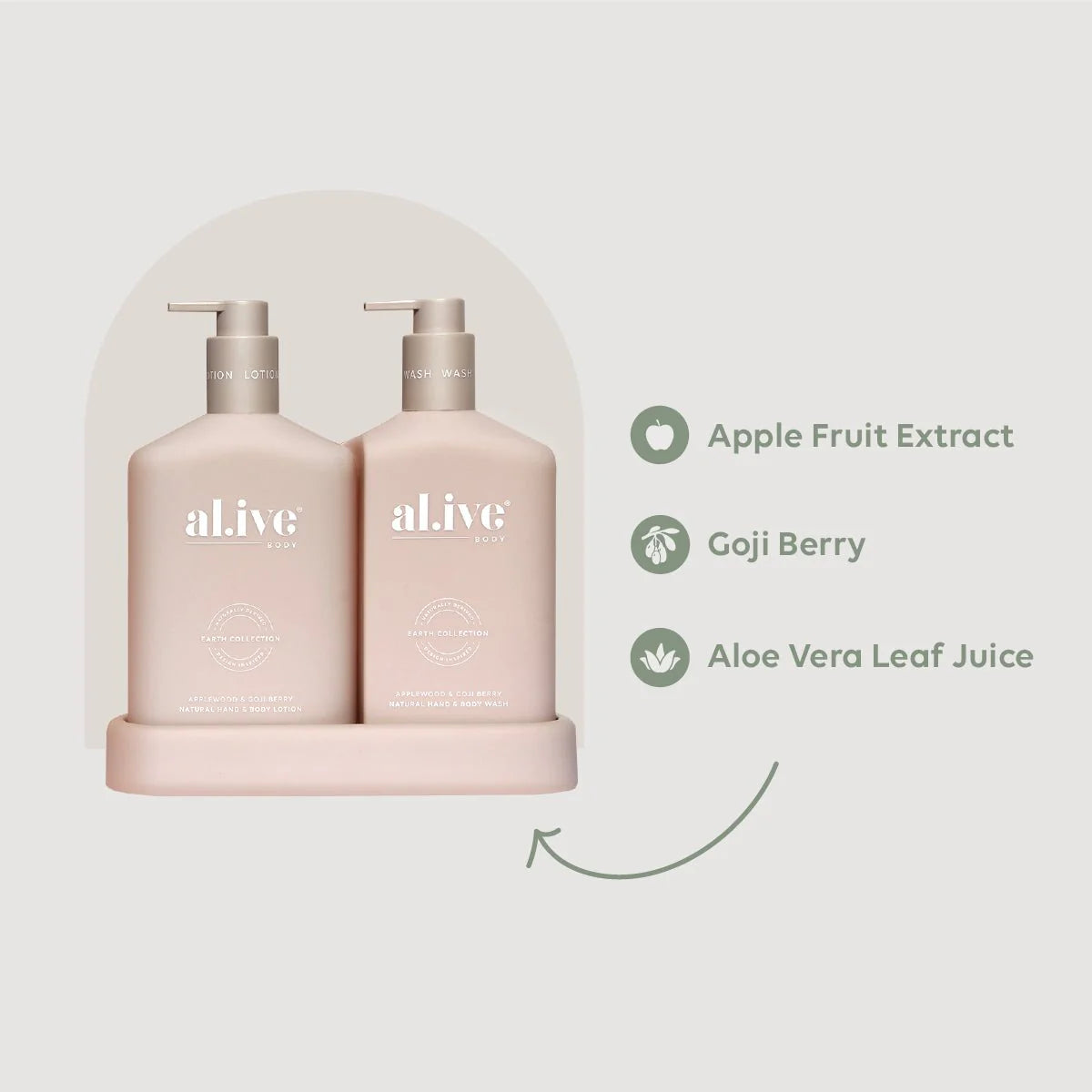 al.ive body - Wash & Lotion Duo + Tray - Applewood & Goji Berry