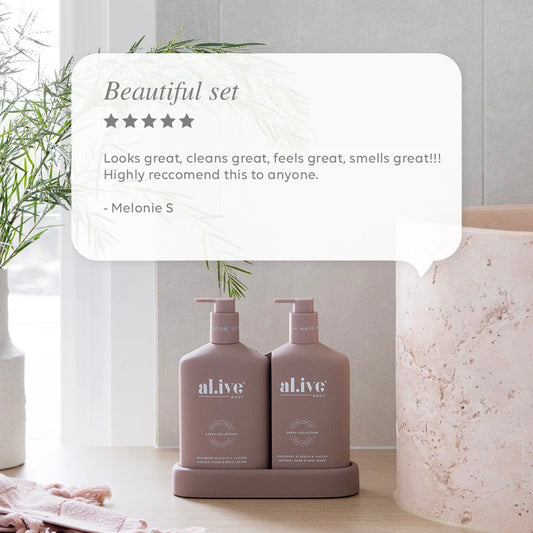 al.ive body - Wash & Lotion Duo + Tray - Raspberry Blossom & Juniper