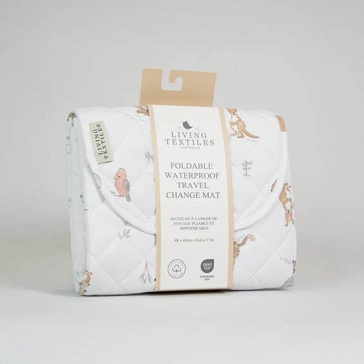 Living Textiles foldable waterproof travel change mat with packaging on a light gray background