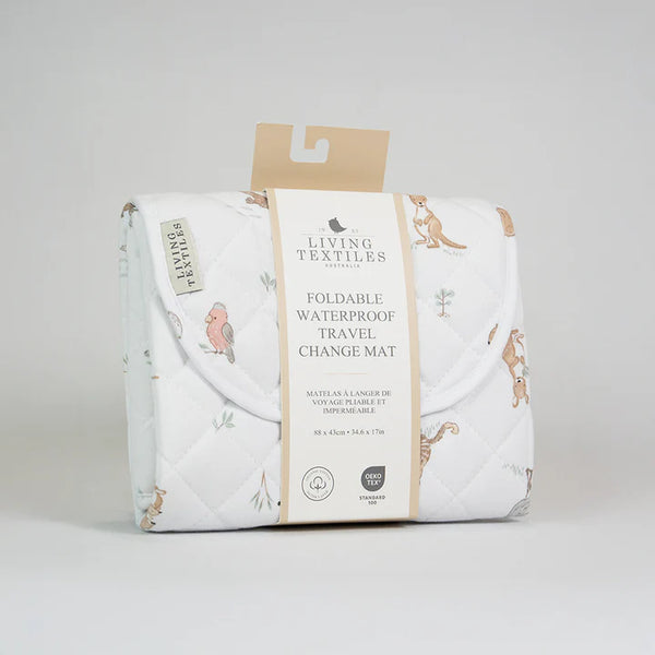 Living Textiles foldable waterproof travel change mat with packaging on a light gray background