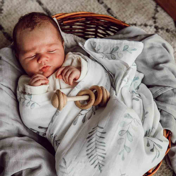 Newborn baby wrapped in a swaddle with a wooden rattle, lying in a basket.