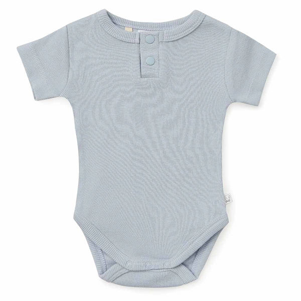 Blue baby bodysuit with short sleeves on a white background