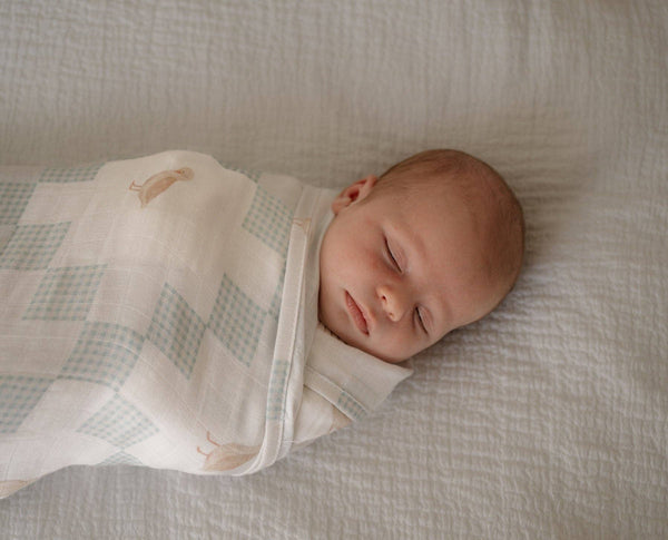 Newborn baby swaddled in a light blanket on a soft surface