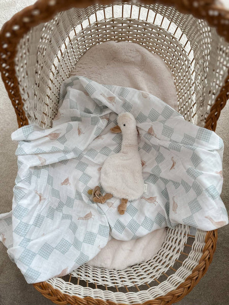 Baby swaddle with duck toy in a wicker basket
