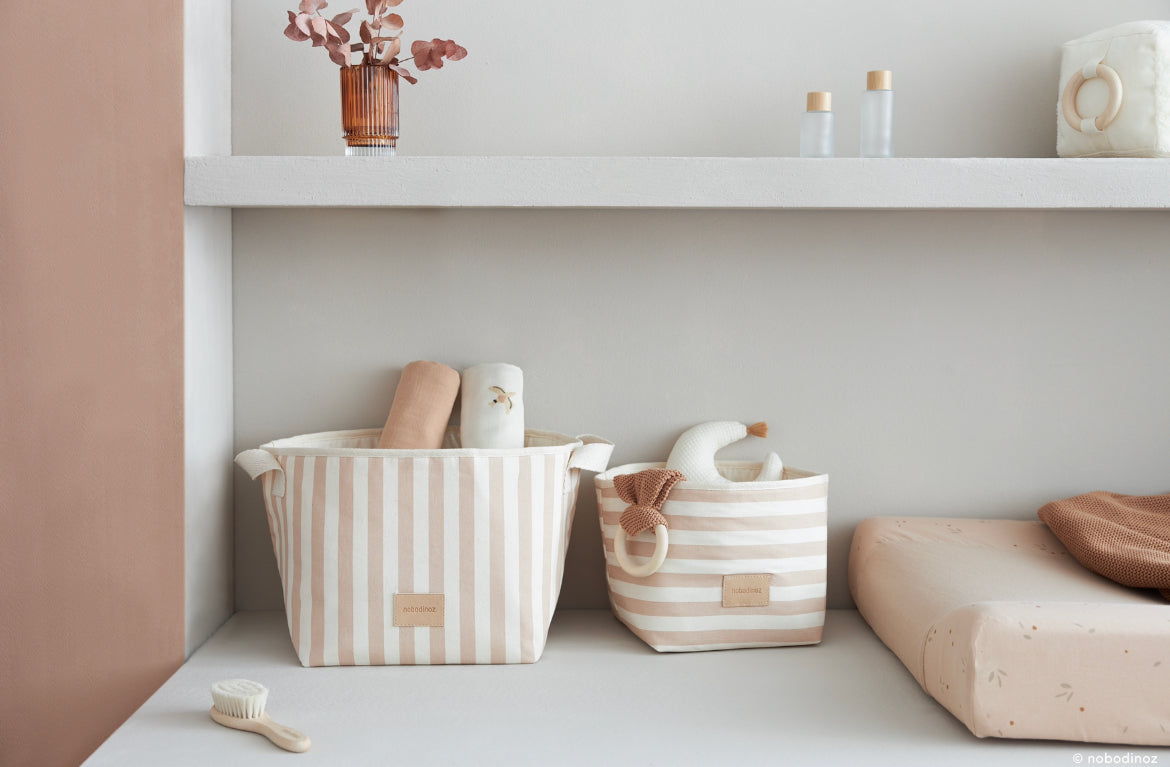 Nododinoz Django Toy Basket - Taupe Stripes/ Natural