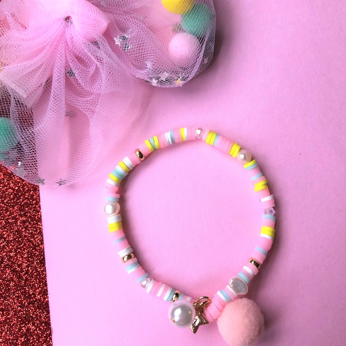Lauren Hinkley - Pastel Pink Bracelet with Pom Pom and Pearl