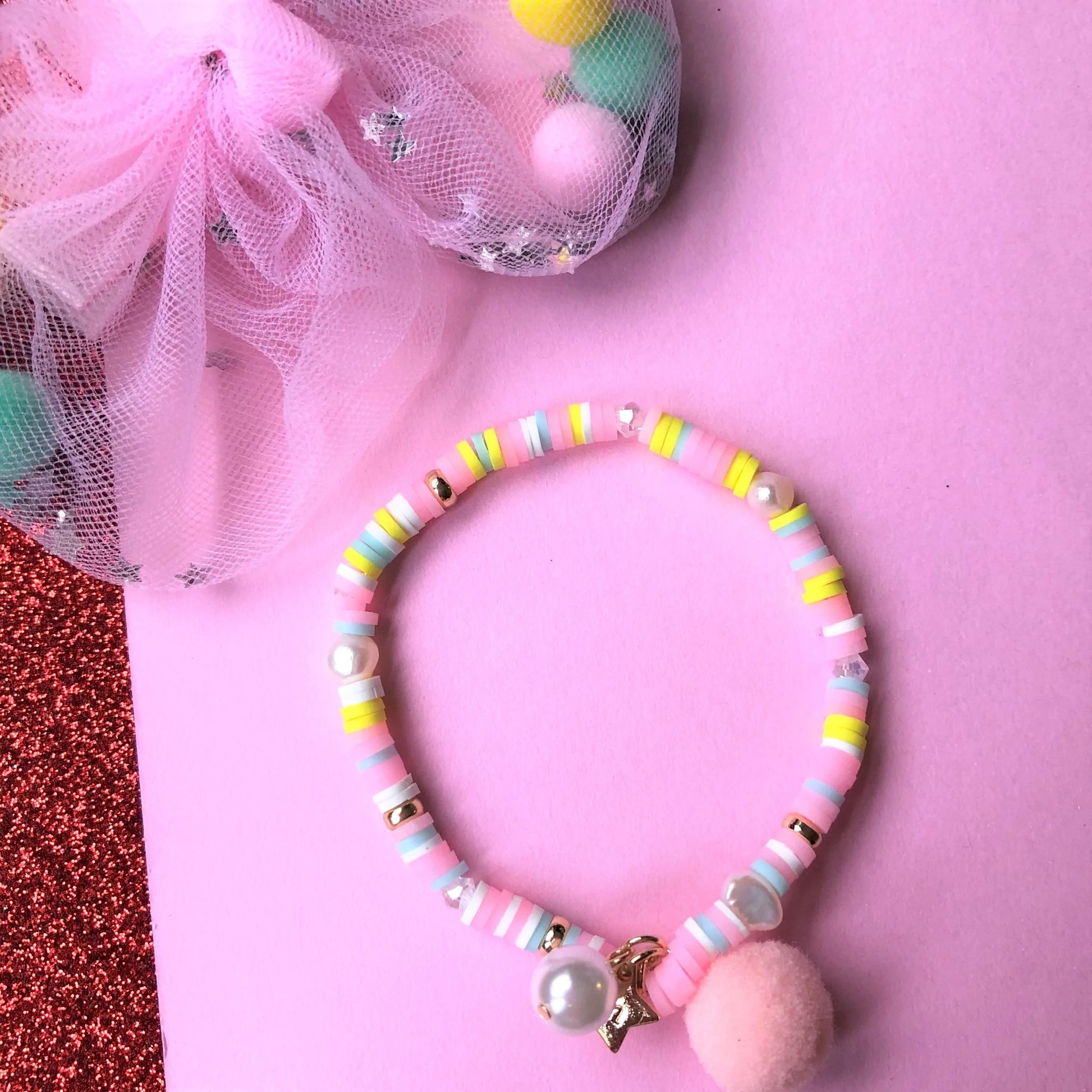 Lauren Hinkley - Pastel Pink Bracelet with Pom Pom and Pearl