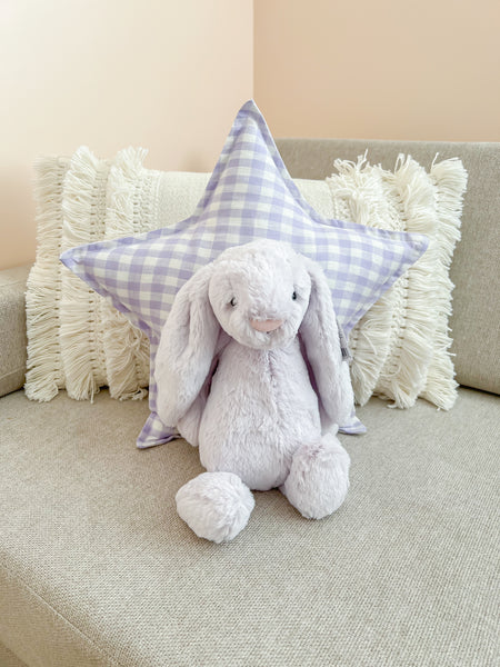Lilac Gingham Star Cushion and Jellycat Bunny - Little Bambino Bear