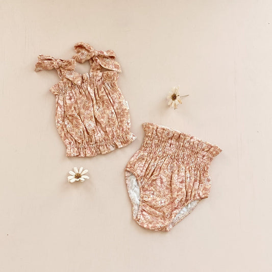 India and Grace Shirred Ruffle set in Fleur Floral print