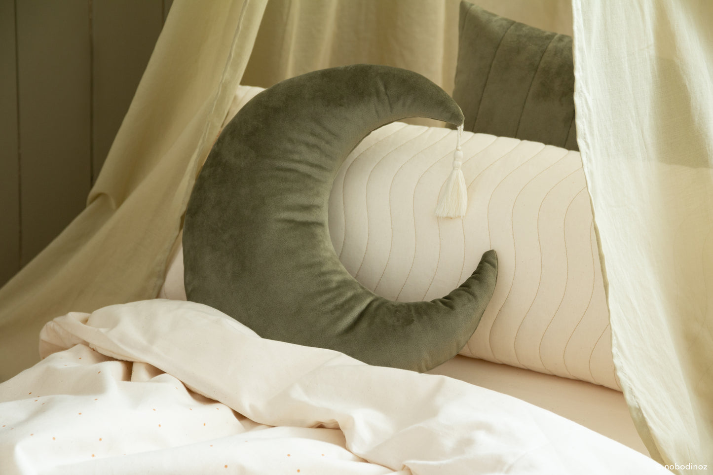 Nobodinoz Pierrot Moon Velvet Cushion - Olive Green