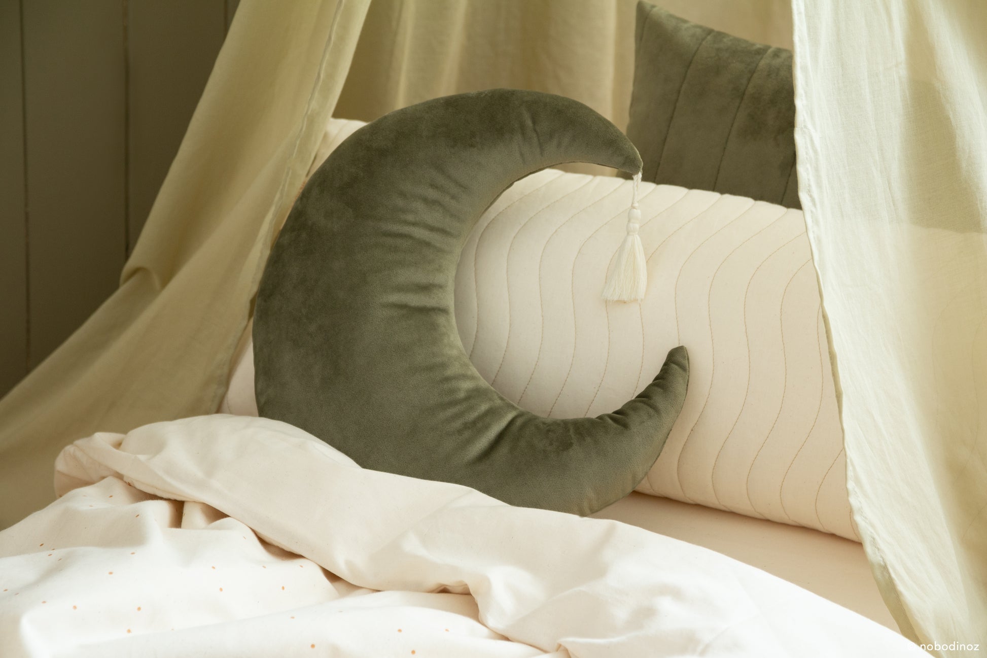 Nobodinoz Pierrot Moon Velvet Cushion - Olive Green