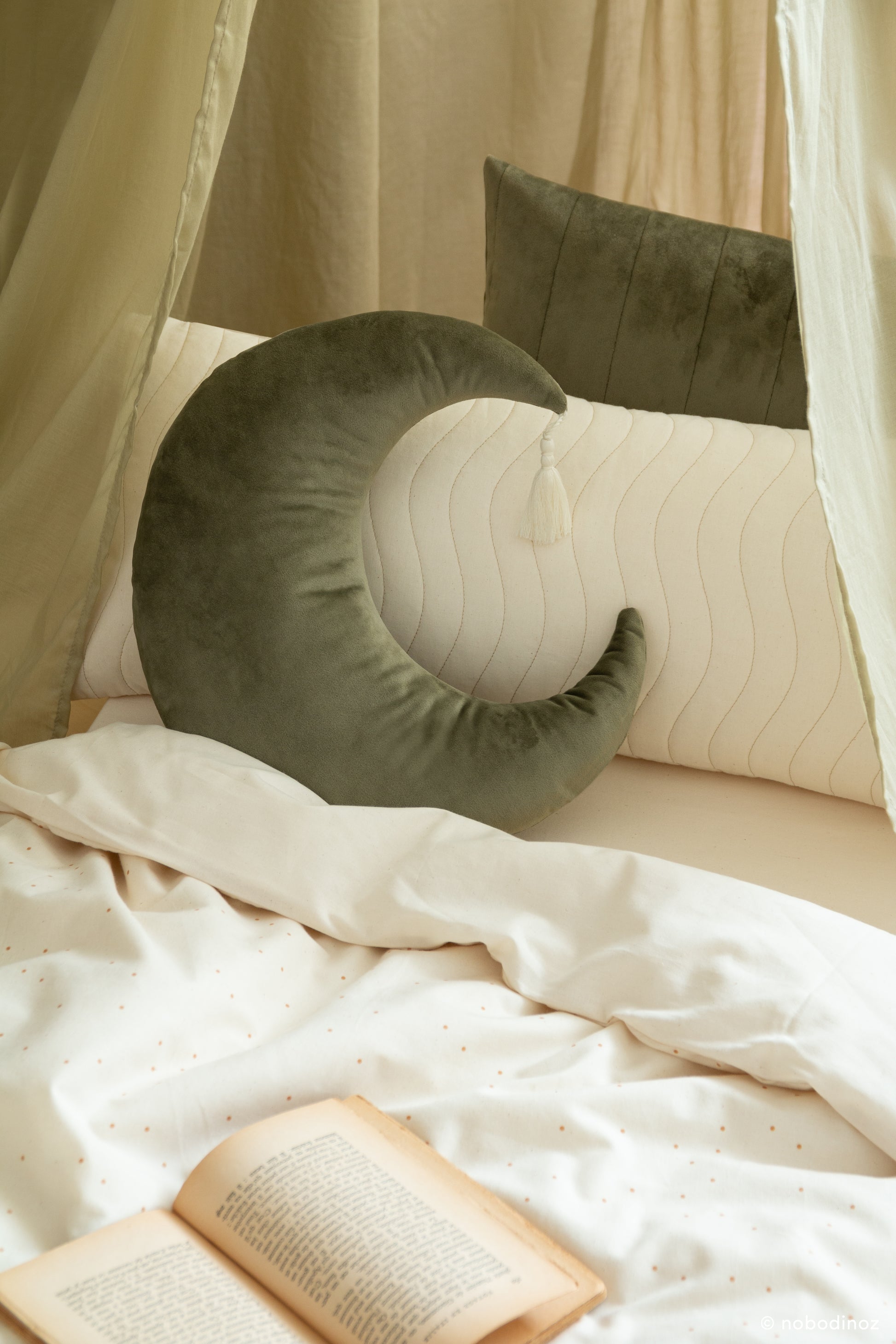 Nobodinoz Pierrot Moon Velvet Cushion - Olive Green